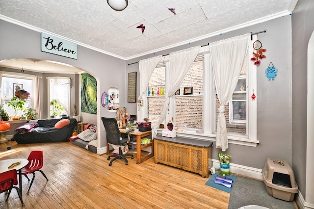 office featuring radiator heating unit, arched walkways, wood-type flooring, crown molding, and baseboards