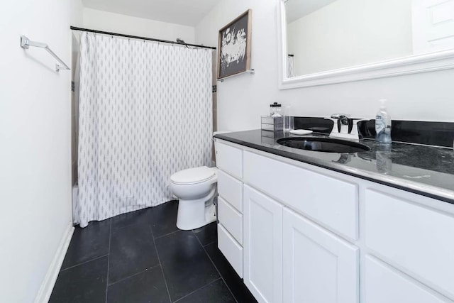 full bathroom with tile patterned flooring, toilet, vanity, and a shower with shower curtain