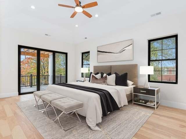 bedroom with recessed lighting, wood finished floors, and access to outside