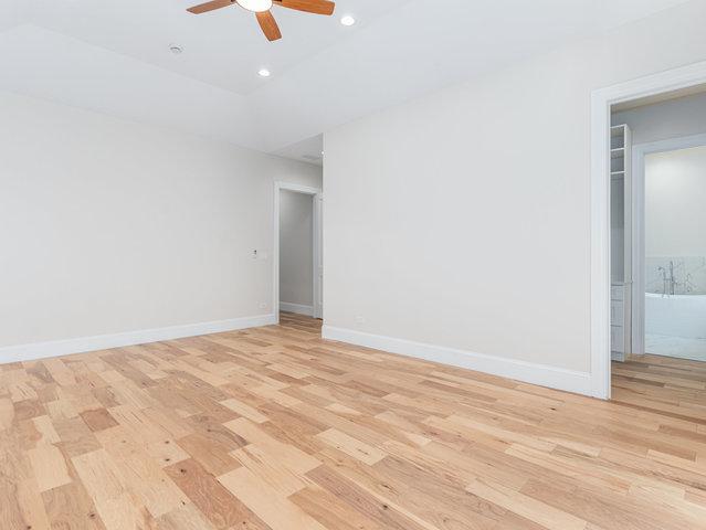 unfurnished room featuring recessed lighting, a ceiling fan, baseboards, and light wood finished floors