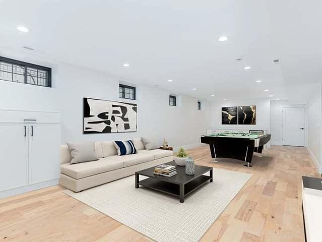 living area featuring recessed lighting, baseboards, light wood-style floors, and billiards