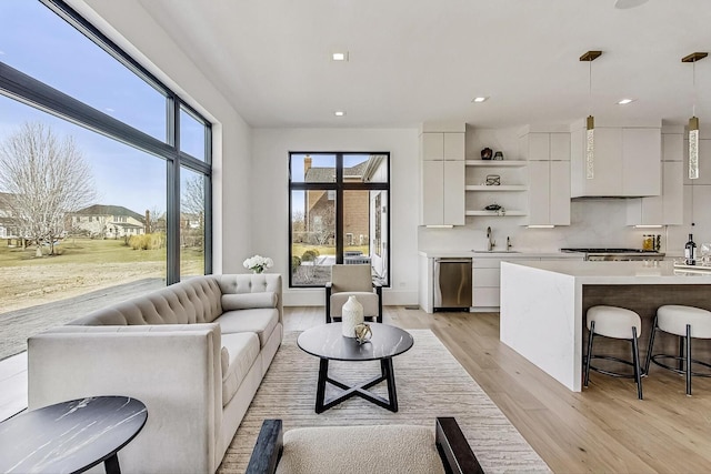 living area featuring recessed lighting and light wood-type flooring