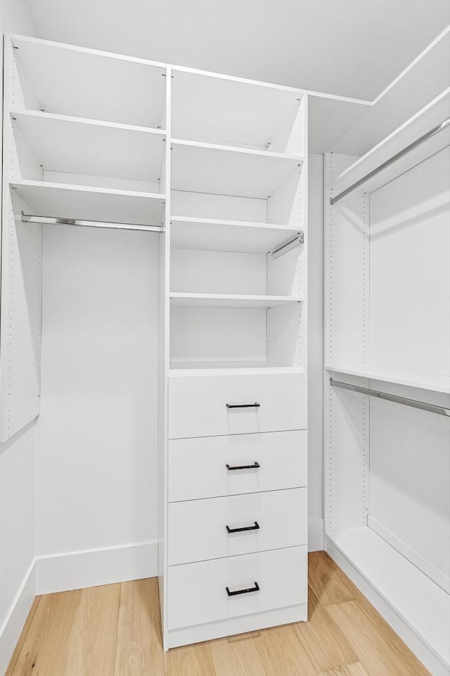 walk in closet with light wood finished floors