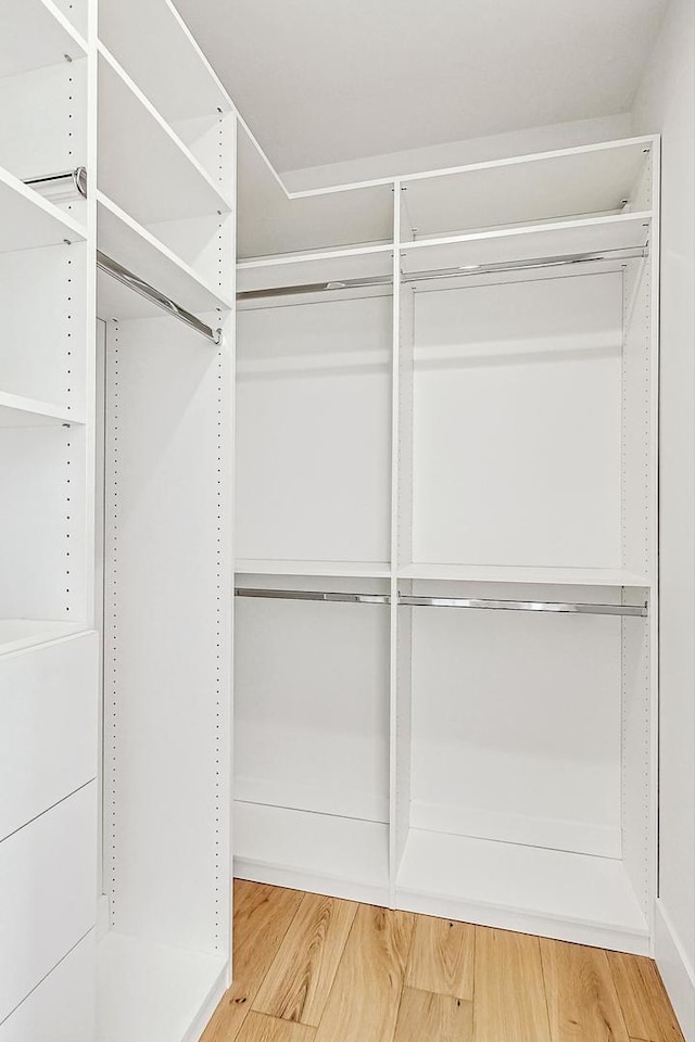 walk in closet with wood finished floors