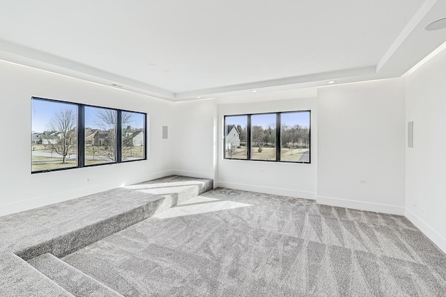 carpeted spare room with a raised ceiling and baseboards