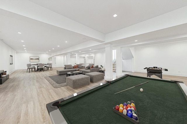 game room with pool table, recessed lighting, light wood-type flooring, and baseboards