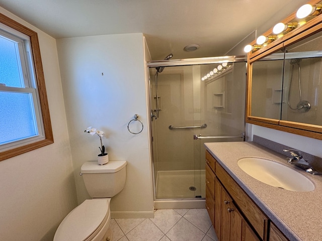 full bath with tile patterned floors, a wealth of natural light, toilet, a stall shower, and vanity