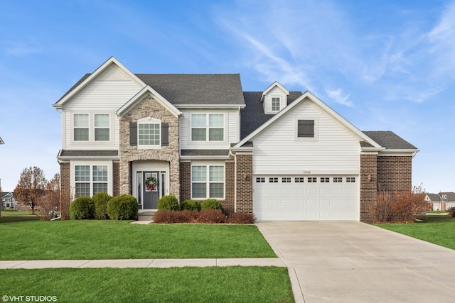 view of front of house featuring brick siding, driveway, a front lawn, and roof with shingles