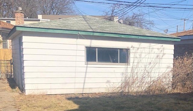 view of property exterior featuring roof with shingles, a chimney, and fence