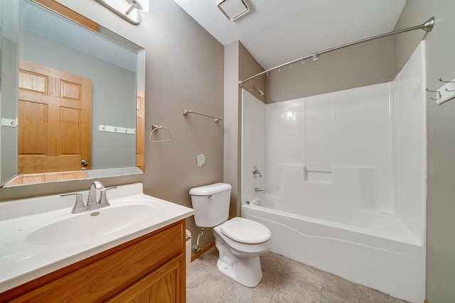 full bathroom featuring tile patterned floors, toilet,  shower combination, and vanity