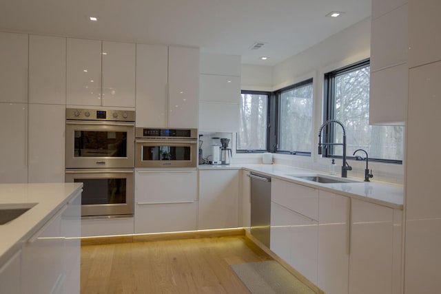 kitchen featuring white cabinetry, appliances with stainless steel finishes, modern cabinets, and a sink