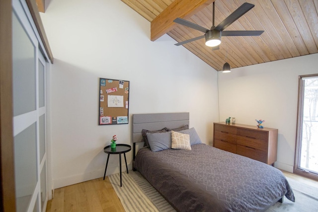 bedroom featuring wooden ceiling, lofted ceiling with beams, baseboards, and wood finished floors