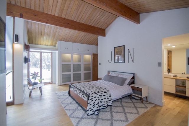 bedroom with beamed ceiling, wooden ceiling, high vaulted ceiling, and wood finished floors