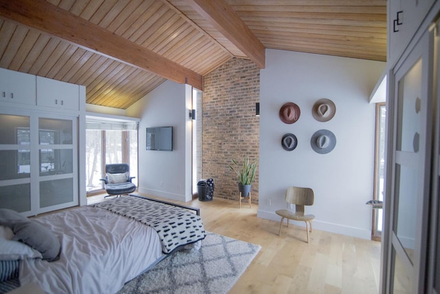 bedroom with wooden ceiling, lofted ceiling with beams, baseboards, and wood finished floors