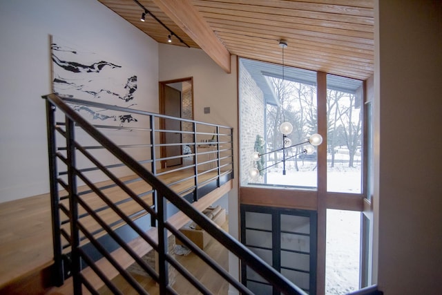 stairway featuring a wealth of natural light, track lighting, beamed ceiling, and wood finished floors