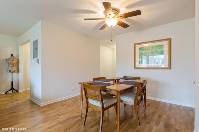 dining space featuring light wood-style flooring, electric panel, a ceiling fan, and baseboards