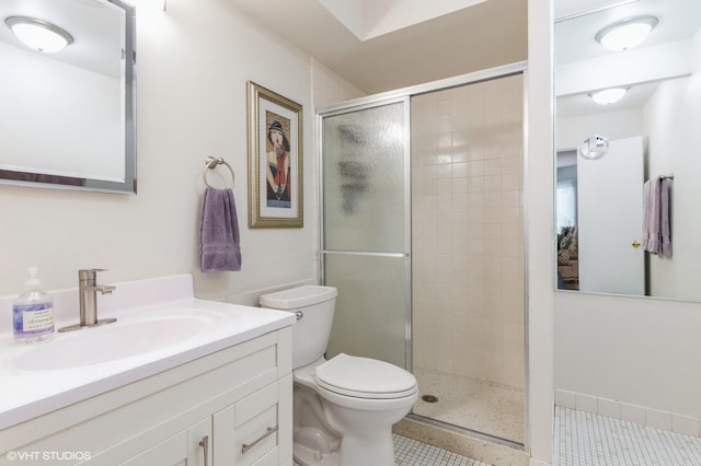 full bath with tile patterned floors, a stall shower, toilet, and vanity