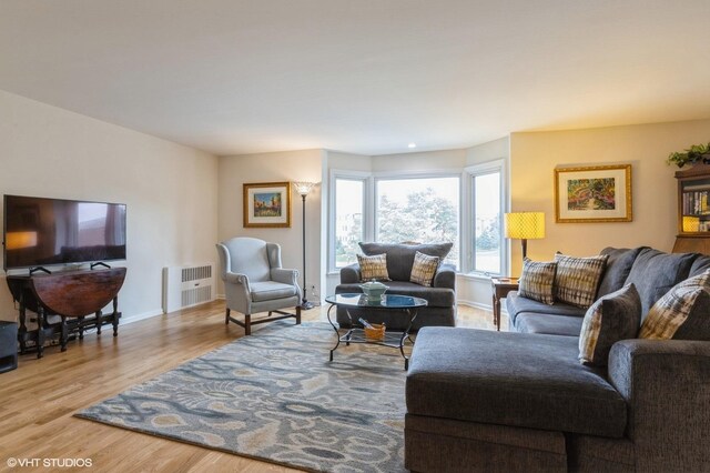living area featuring radiator, wood finished floors, and baseboards