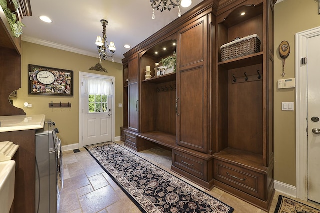 mudroom featuring baseboards, recessed lighting, ornamental molding, stone tile flooring, and a notable chandelier