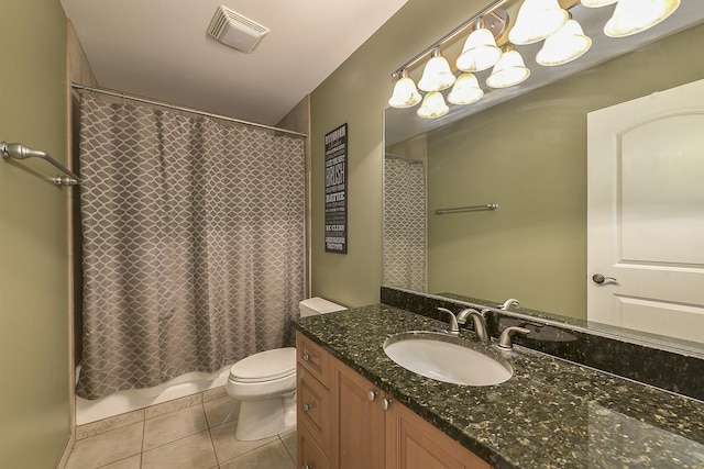 bathroom with vanity, shower / bathtub combination with curtain, visible vents, tile patterned floors, and toilet