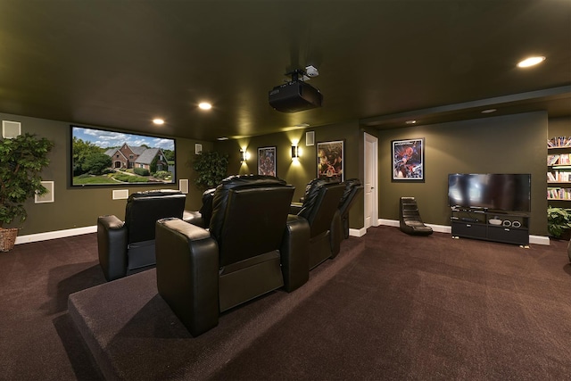 carpeted home theater room featuring recessed lighting and baseboards