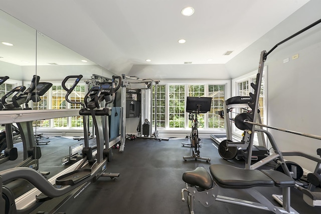 exercise room featuring visible vents and recessed lighting