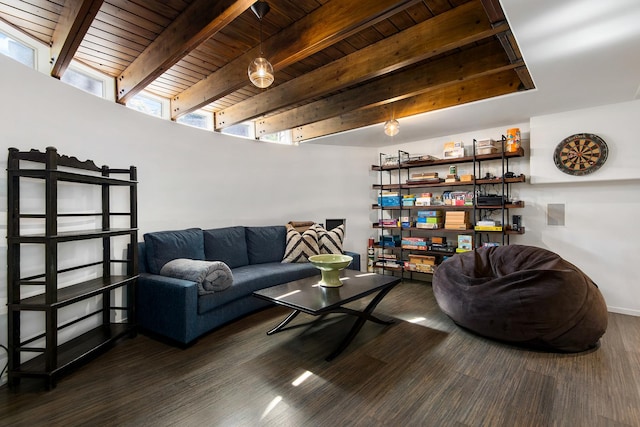 living room with beam ceiling and wood ceiling