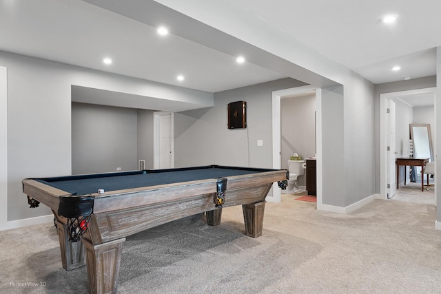 rec room featuring recessed lighting, baseboards, and light carpet