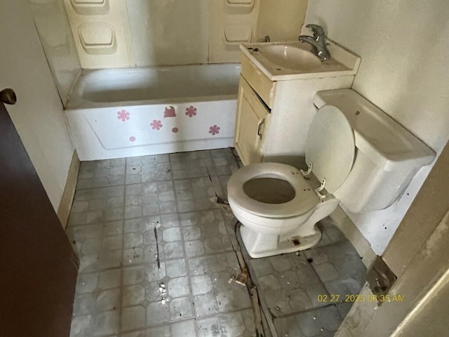 full bathroom with toilet, a bathtub, tile patterned floors, vanity, and a shower