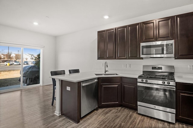 kitchen featuring a sink, light countertops, a peninsula, and stainless steel appliances