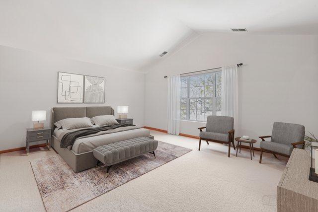 bedroom featuring lofted ceiling, baseboards, visible vents, and light carpet