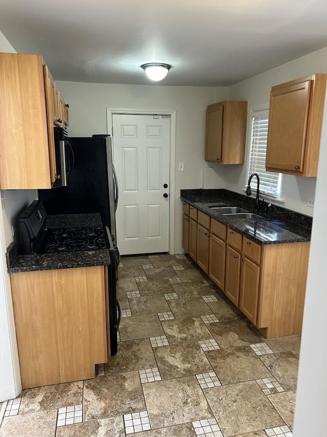 kitchen with range with gas cooktop, a sink, and stone finish flooring