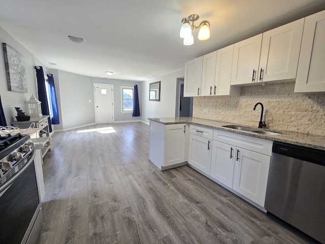 kitchen with light stone counters, wood finished floors, a sink, appliances with stainless steel finishes, and open floor plan