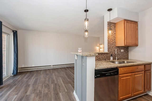 kitchen with backsplash, dishwasher, baseboard heating, dark wood-style floors, and a sink