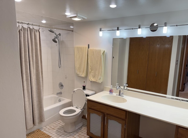 full bath featuring vanity, toilet, shower / bath combo with shower curtain, and tile patterned flooring