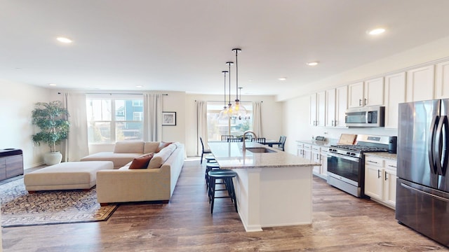 kitchen featuring open floor plan, a healthy amount of sunlight, white cabinetry, and stainless steel appliances