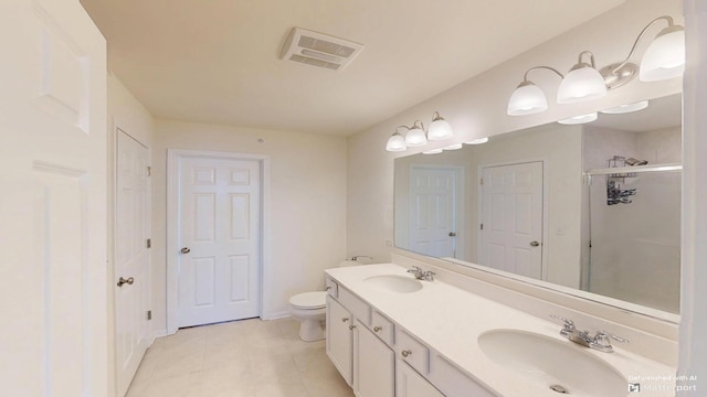 bathroom with a sink, visible vents, toilet, and a stall shower