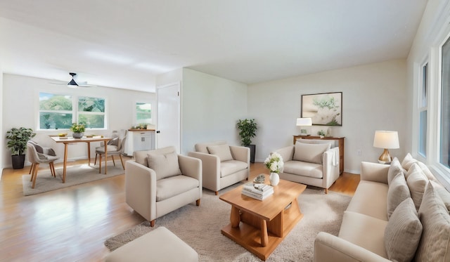 living room with baseboards and light wood finished floors