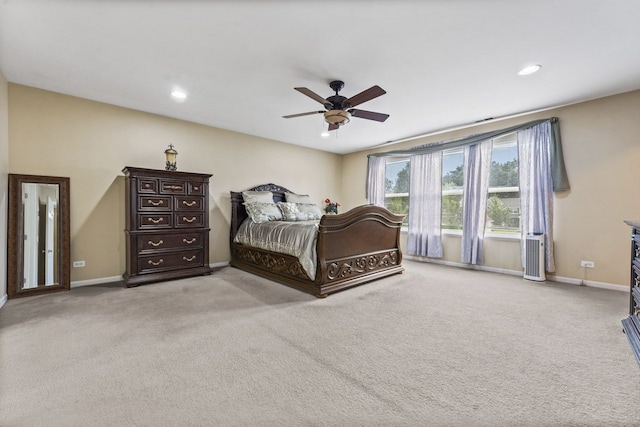 carpeted bedroom with recessed lighting, baseboards, and ceiling fan