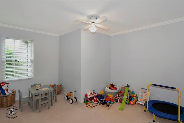 27W213 Manchester Rd, Winfield, IL 60190 - playroom with ornamental molding, a ceiling fan, carpet floors, and baseboards