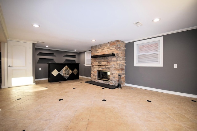 unfurnished living room with recessed lighting, a stone fireplace, crown molding, light tile patterned floors, and baseboards