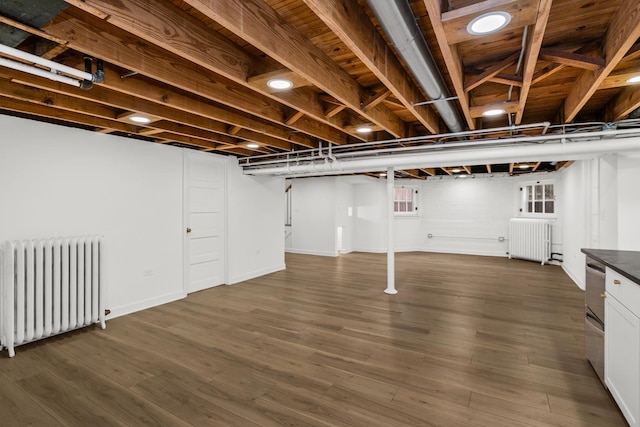 finished below grade area with dark wood-style floors and radiator heating unit