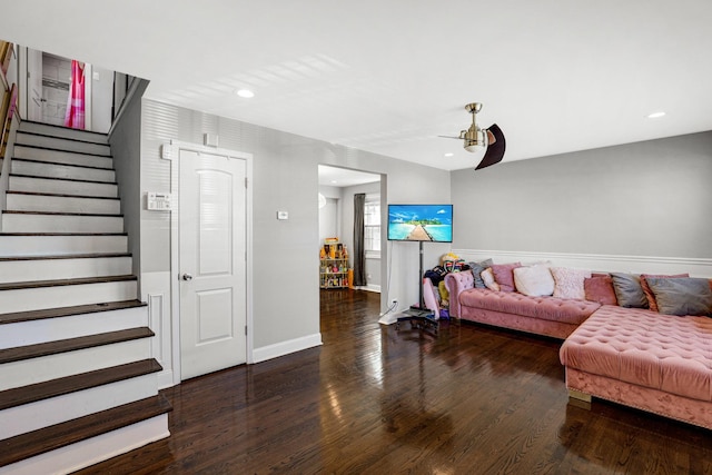 11551 S Justine St, Chicago, IL 60643 - living area featuring wood finished floors, stairway, recessed lighting, and ceiling fan