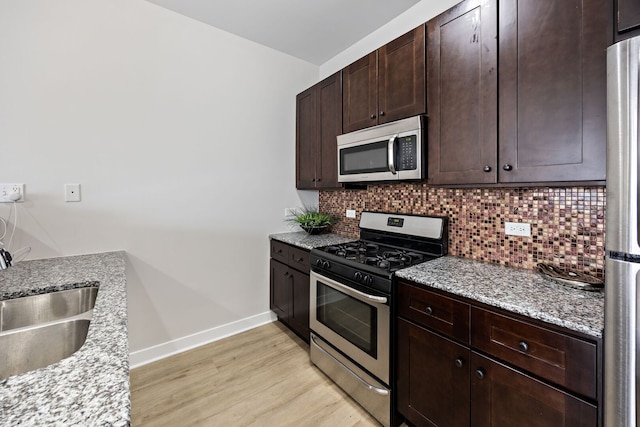 kitchen featuring a sink, stainless steel appliances, baseboards, light wood-type flooring, and backsplash