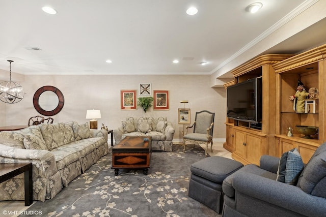 carpeted living room featuring visible vents, crown molding, baseboards, a chandelier, and recessed lighting