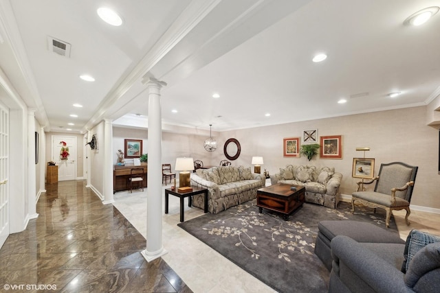 living room with visible vents, baseboards, ornamental molding, decorative columns, and marble finish floor