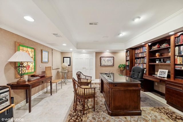 office space with baseboards, recessed lighting, visible vents, and ornamental molding