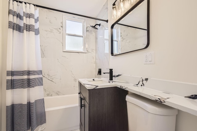 full bathroom featuring shower / bathtub combination with curtain, toilet, and vanity