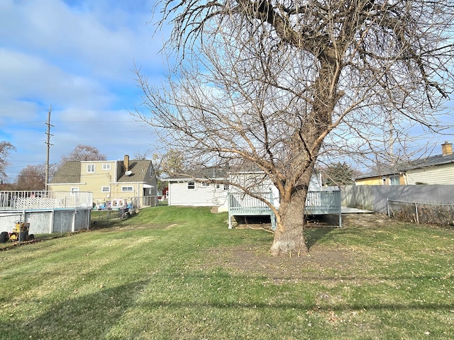 view of yard with a fenced backyard, a fenced in pool, and a deck