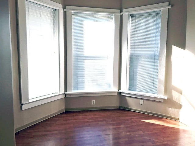 unfurnished room featuring a wealth of natural light, baseboards, and dark wood-style flooring